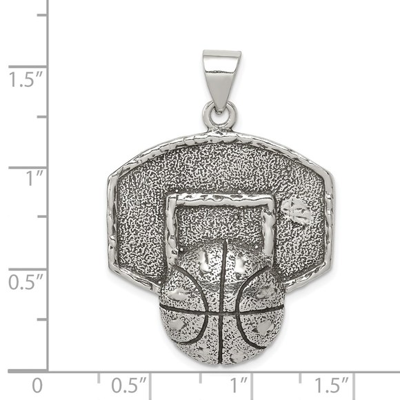 925 Sterling Silver Antiqued & Textured Basketball w Backboard Necklace Pendant - Picture 4 of 5